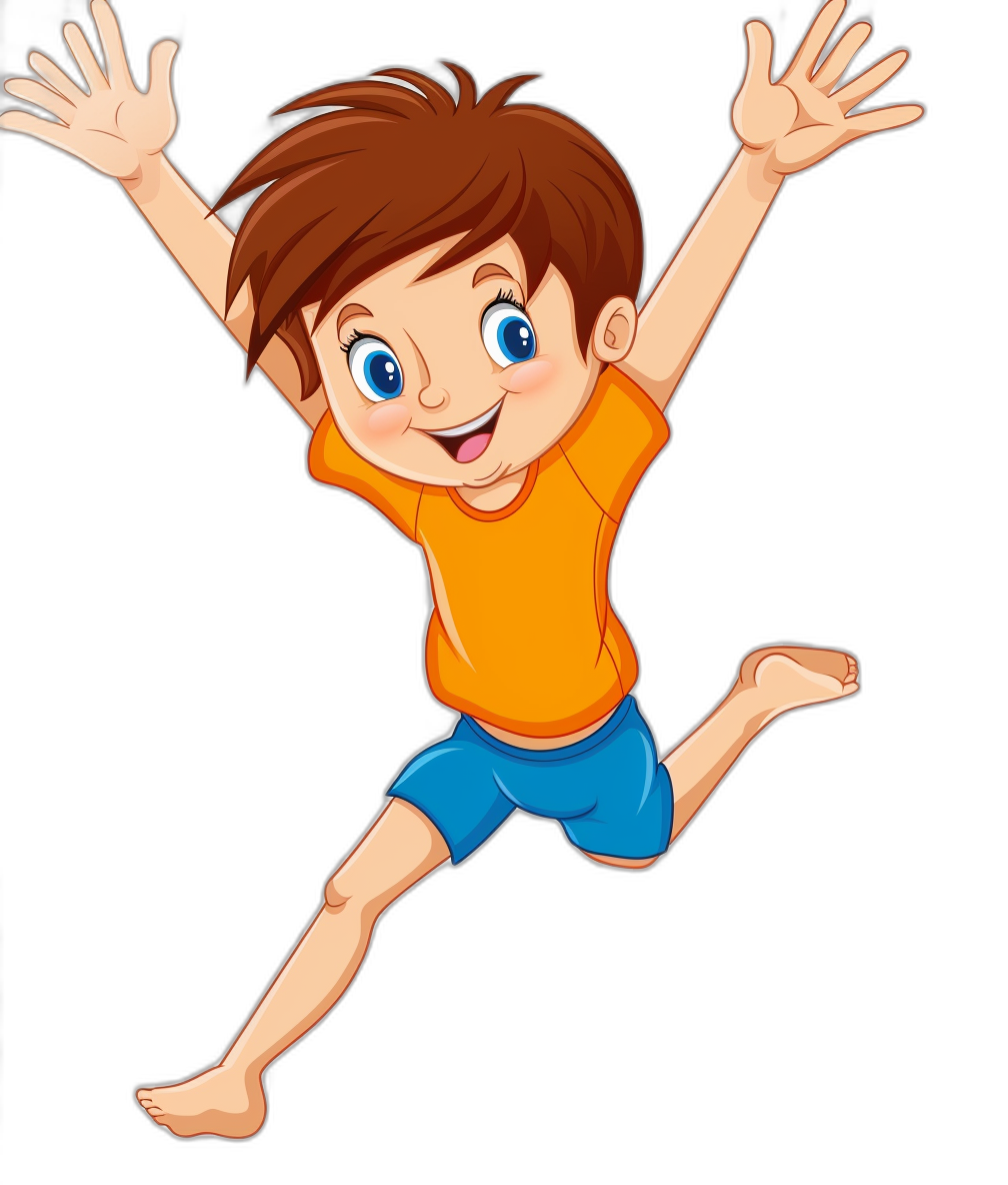 A cartoon illustration of a happy boy jumping in the clip art style, isolated on a black background.