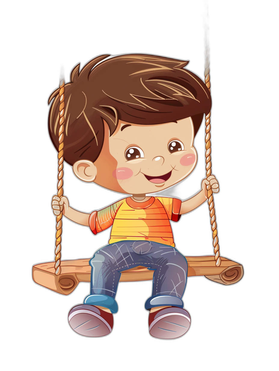 A cute cartoon of a boy sitting on a wooden swing, smiling and looking at the camera, with a black background drawn in the style of colorful.