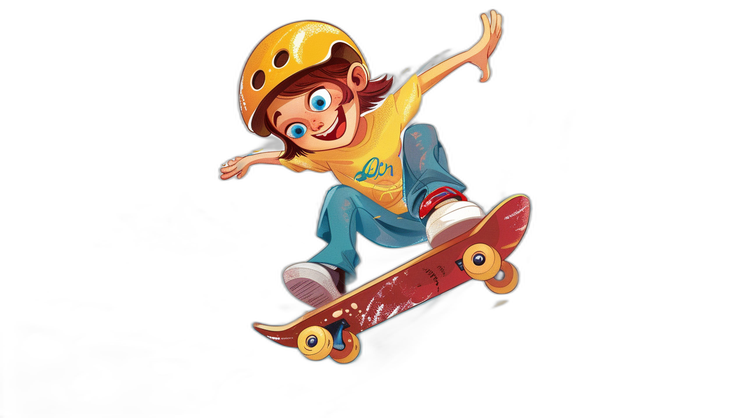 A cartoon-style boy with blue eyes and brown hair, wearing a yellow helmet and holding a red skateboard is performing a trick on his board. He has dark skin. Black background. Cartoon style, low angle shot, high resolution, with ultra details. The image is in the style of a cartoon.