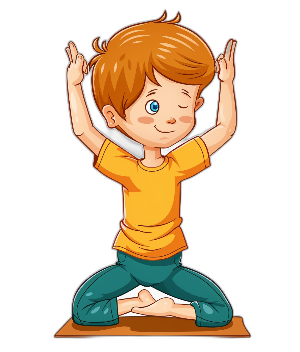 cartoon of little boy doing yoga, in a clip art style, isolated on a black background