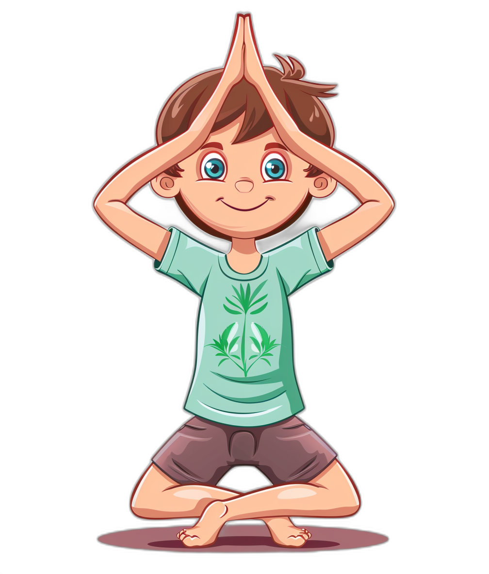 A cute cartoon boy doing yoga, with hands clasped above his head and legs crossed behind him. He is wearing short sleeves with the leaf logo of cannabis on them. Black background. Vector illustration style.