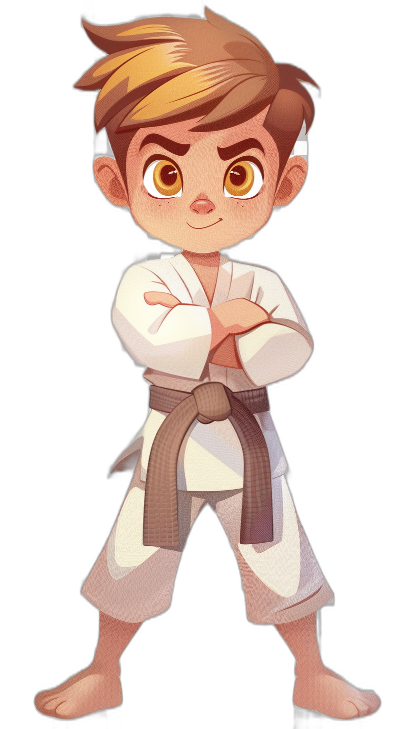 A young boy with short brown hair and big eyes, wearing a white karate outfit with a black belt, in the style of a chibi cartoon character, on a black background, high definition.