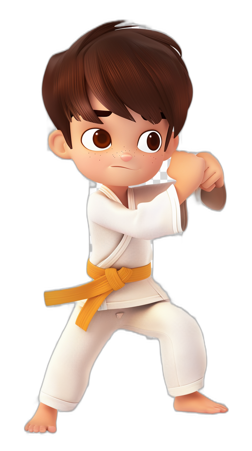 A cute baby boy with brown hair in a karate outfit, doing a basic standing pose in the style of kung fu fighting, 3D cartoon character design with a full body shot, black background, cute big eyes and wide open mouth expression, white pants and belt, yellow sash around waist, white shirt, simple shape, low detail, solid color background, Pixar Disney style.