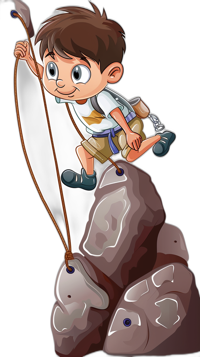 A cartoon boy climbing on the boulder with ropes, full body, isolated in black background, white and grey color theme, PNG transparent or solid material background in the style of no particular artist.