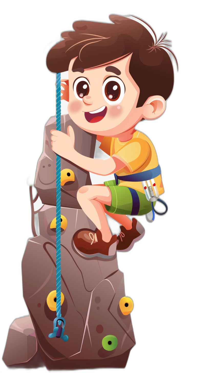 A cute cartoon boy climbing a rock wall in the style of clip art with a black background.