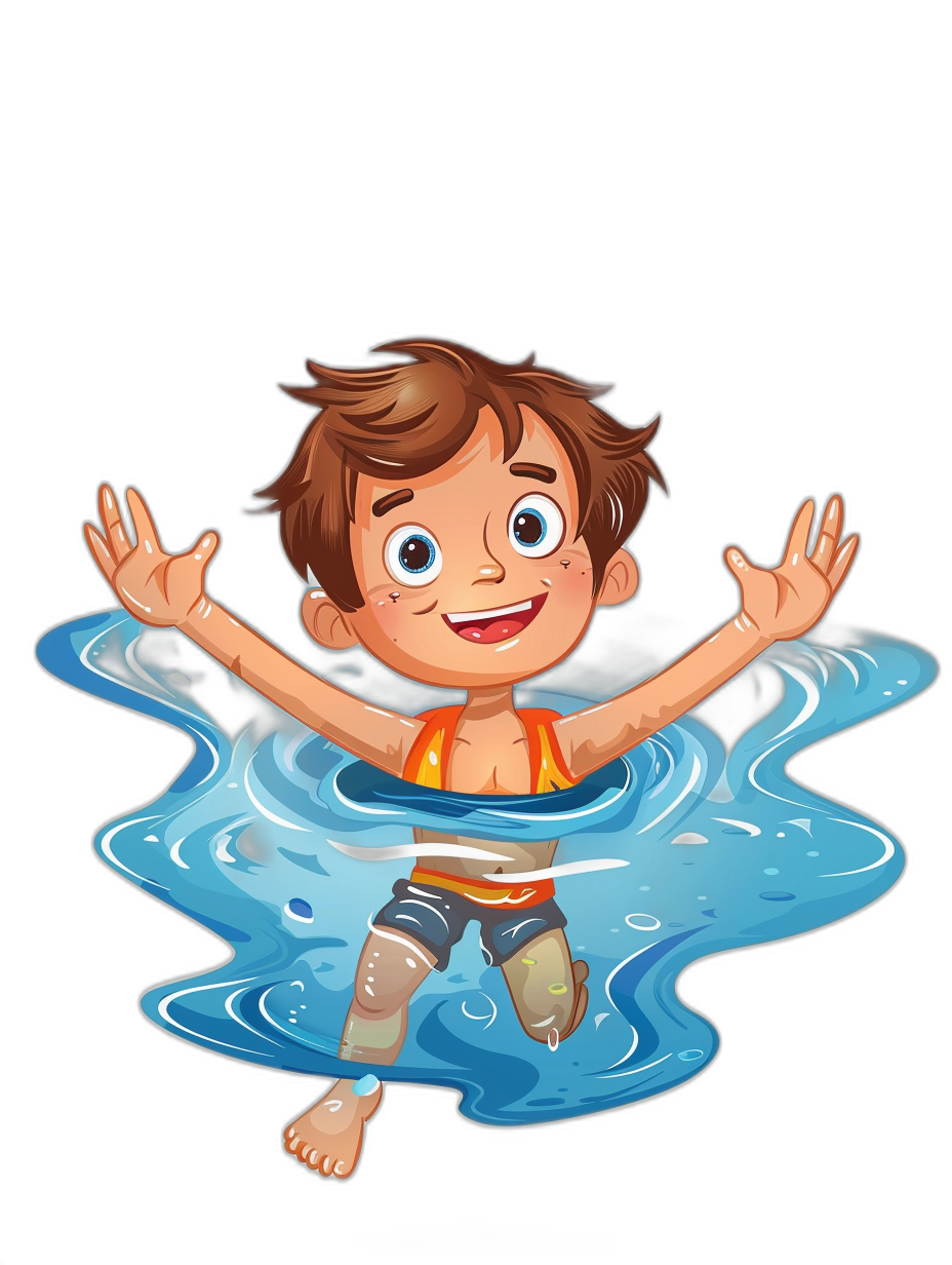 a cartoon of happy boy with brown hair floating in water, vector illustration, clip art style on black background