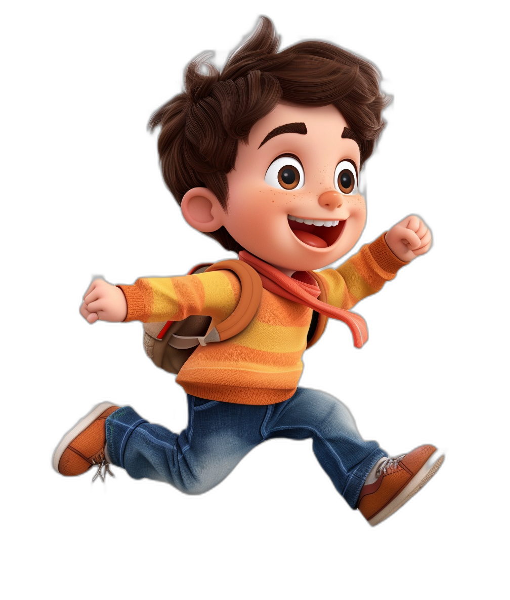 A cute boy with brown hair, dressed in jeans and an orange striped sweater, running happily on a black background, in the style of Pixar character design, in the style of Disney animation, a full body shot, in a 3D cartoon style.