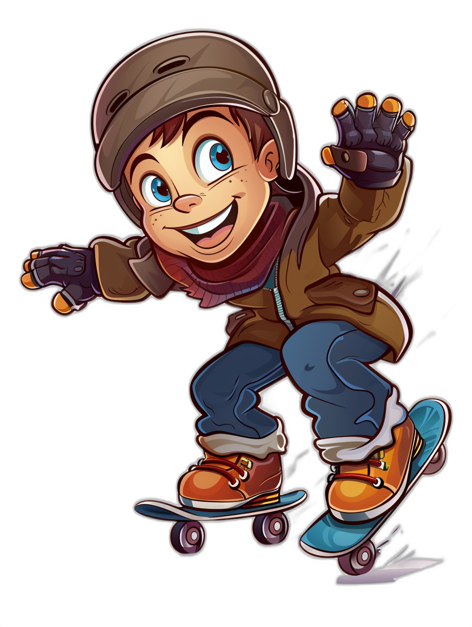 A cartoon character of an excited boy with brown hair and blue eyes, wearing gloves on his hands and skateboarding shoes while riding the skateboard against an isolated black background, in the clip art style.