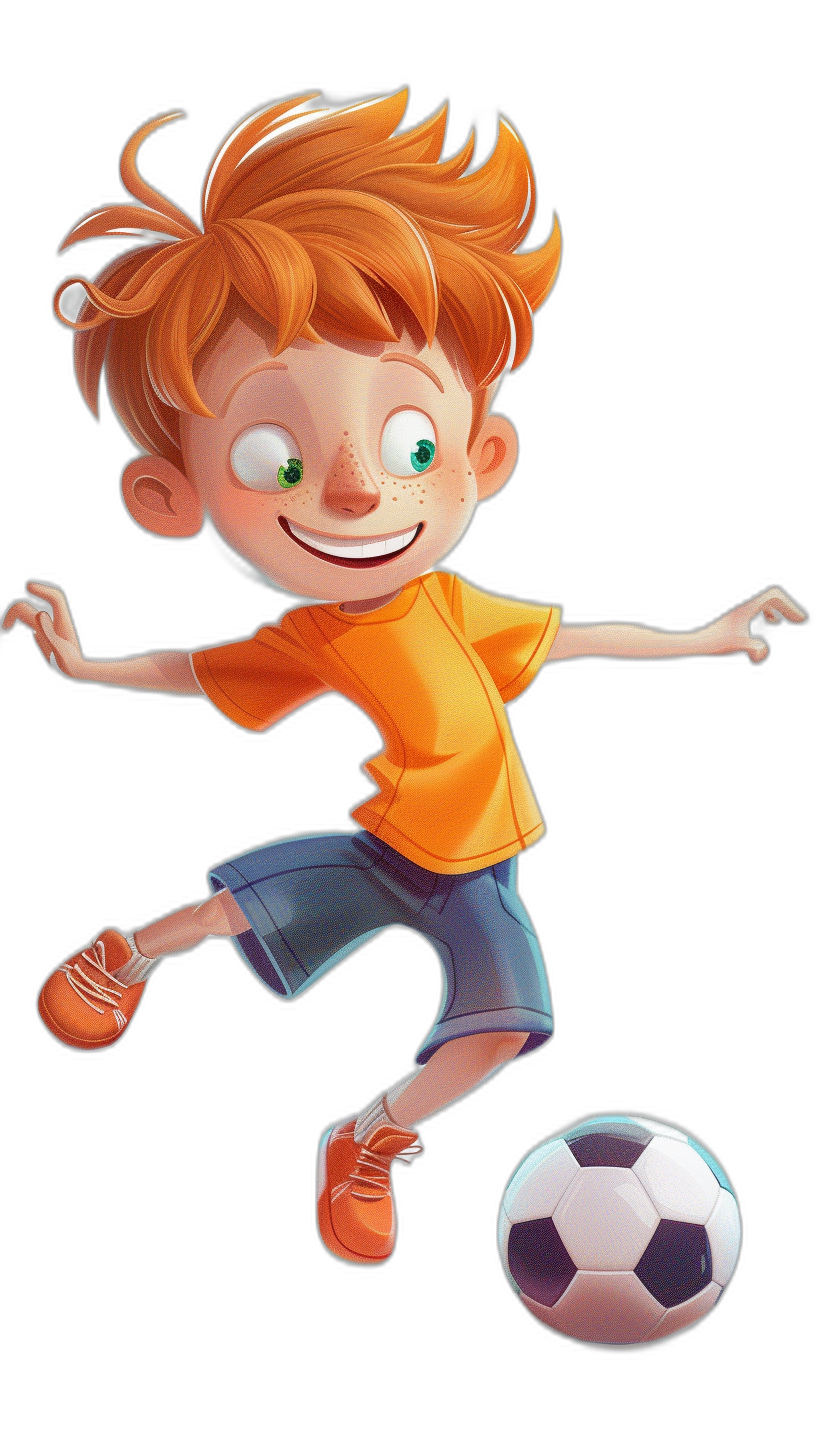 Illustration of a smiling ginger boy playing soccer in the style of Disney Pixar character design on a black background as a full body character sheet in the style of a children’s book illustration with bright colors and simple shapes.