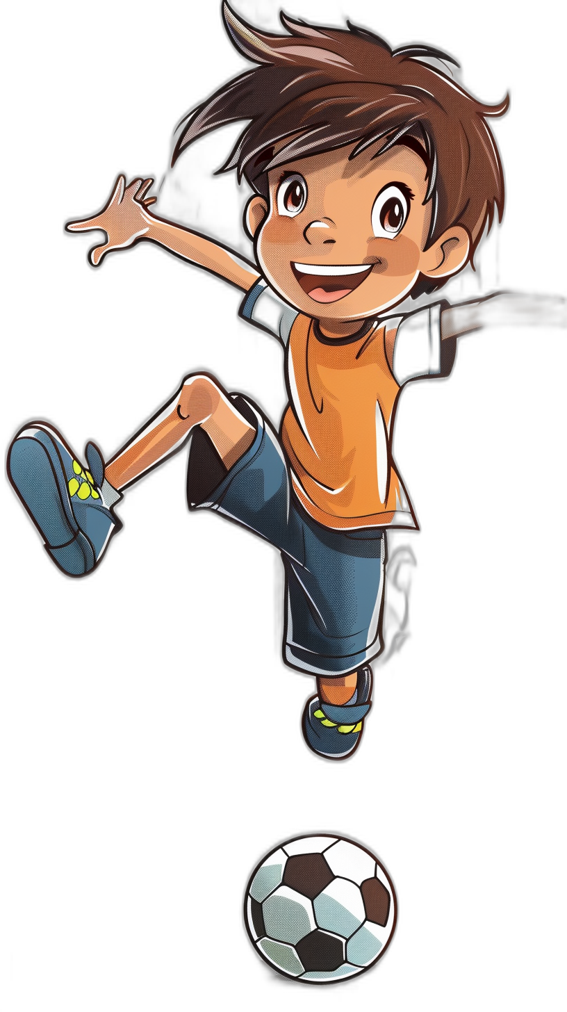 The most beautiful vector cartoon sticker of an anime boy with brown hair, smiling and kicking a soccer ball on a black background. He is wearing blue shorts and an orange t-shirt. He has big eyes. The illustration should be simple and cute. He looks happy and playful as he is about to kick his foot towards us. His body is in motion as if it were moving at a fast pace, in the style of a chibi. The style uses simple lines with a white outline and white border.