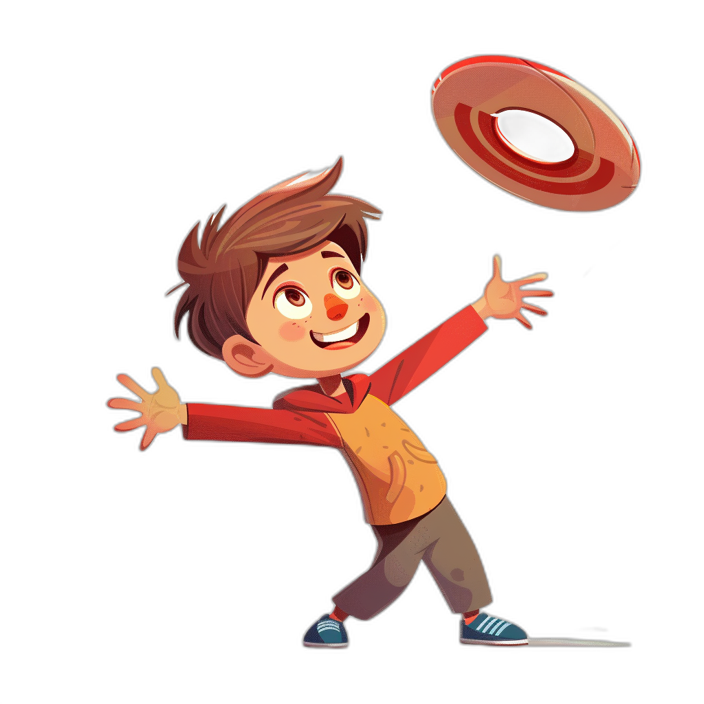 A boy is playing frisbee in a cartoon style with simple strokes on a black background in the style of game character design for casual mobile games. A young man with brown hair wearing an orange shirt casts his arm while throwing the triangular red circular ring-shaped disc into the air. He smiles as he does so. The illustration was created in Procreate on Adobe Illustrator. It features a solid color scheme with a 2D flat design aesthetic without any repeated words or Chinese characters and with minimal other edits to the original text.