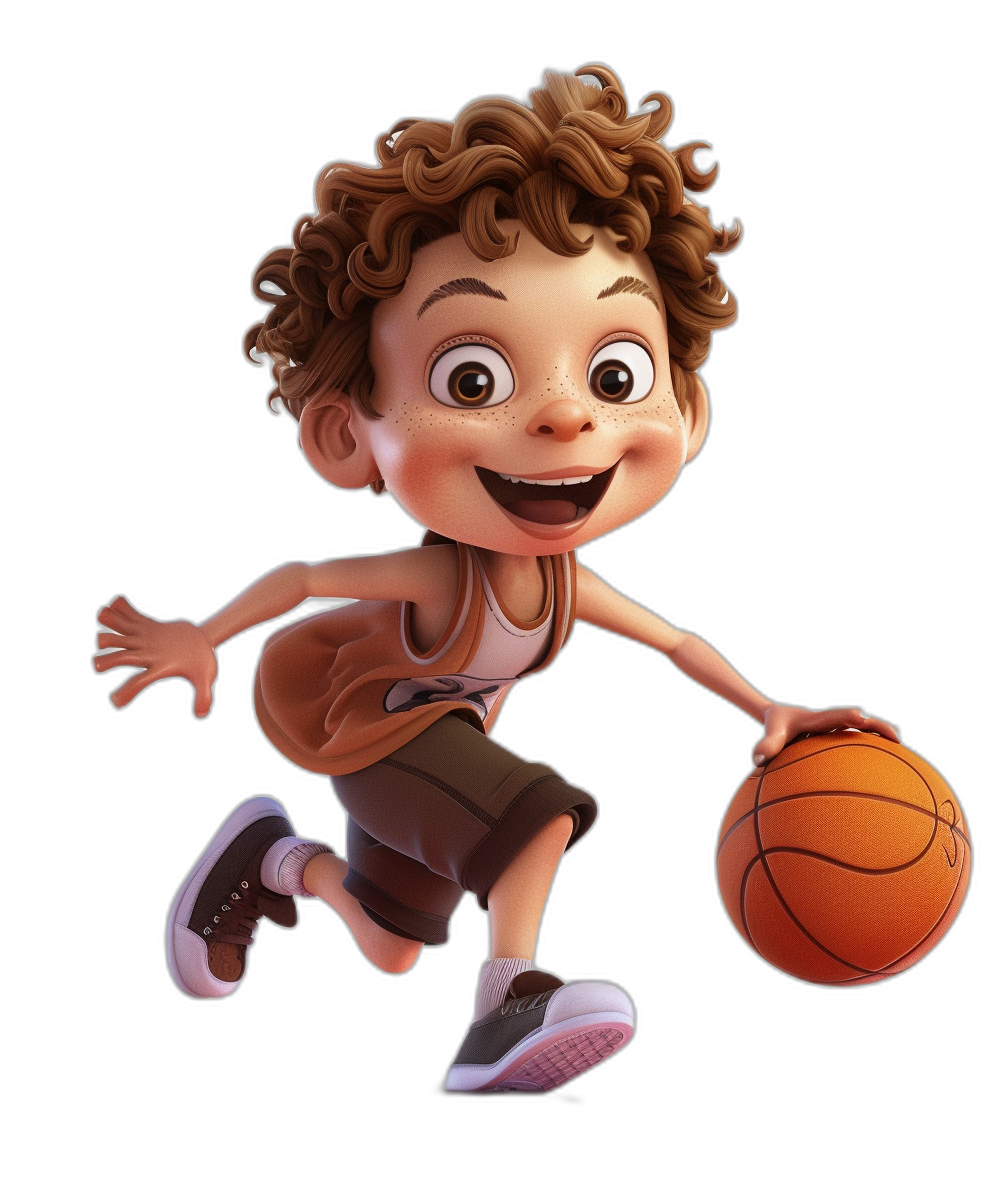 A cute little boy is playing basketball, smiling and running with the ball in his hand. He has curly brown hair, big eyes, white skin, wearing sports shorts and sneakers on a black background, in the style of Pixar, as a 3D cartoon character.