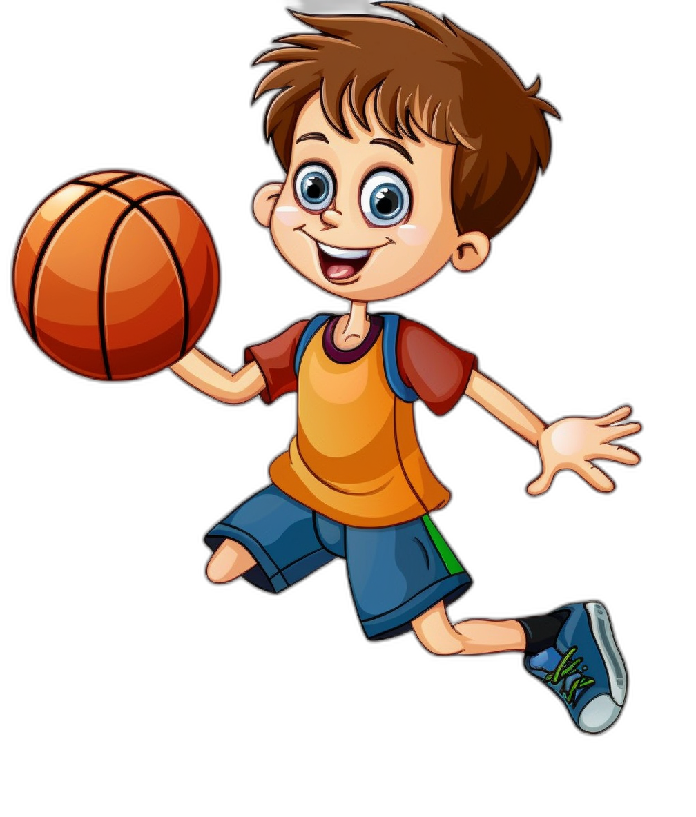 a cute happy cartoon boy playing basketball, clip art style, isolated on black background