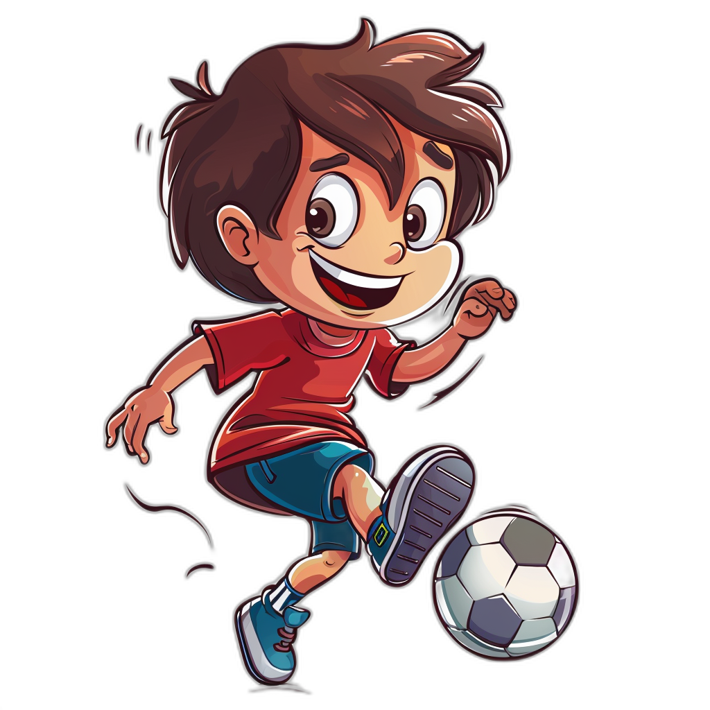 cartoon style, vector design of a boy playing soccer on a black background, wearing a red t-shirt and blue shorts, with a happy facial expression, in the chibi art style, a cartoon character design with a simple color palette, a full body shot, high resolution, high quality, high detail, high sharpness, high contrast, high natural lighting, high vivid colors, best render.