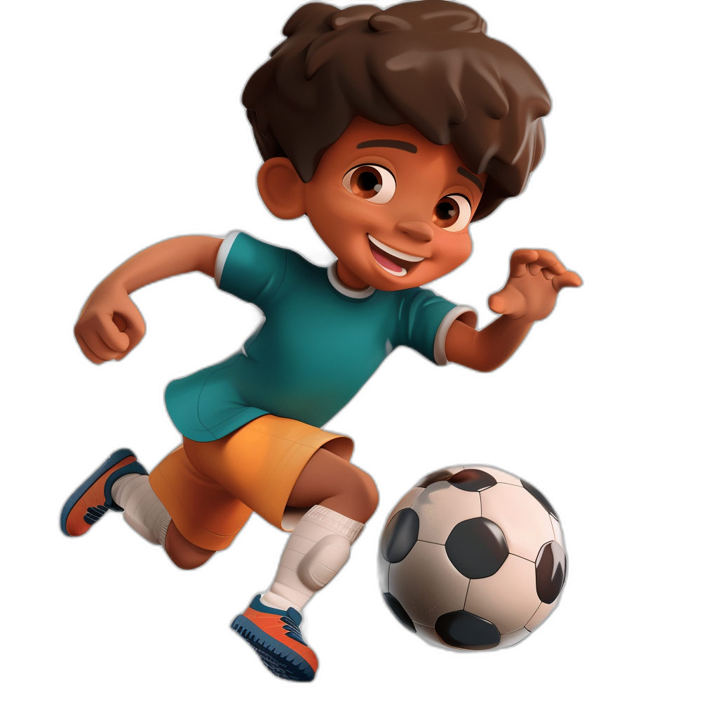 3D character of a little boy playing soccer, smiling and kicking the ball. He has dark brown hair and light skin, wearing a blue t-shirt, orange shorts and white shoes against a black background in the style of Disney Pixar.