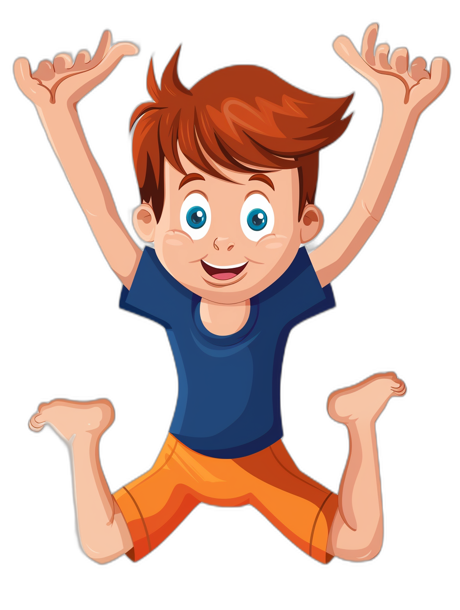 A cartoon boy with brown hair, blue eyes, and orange shorts jumping for joy on a black background. A vector illustration of a child character in a flat design style with his hands up. A vector illustration of a cute kid having fun. A cartoon illustration of a funny person as clip art. A kids t-shirt design.