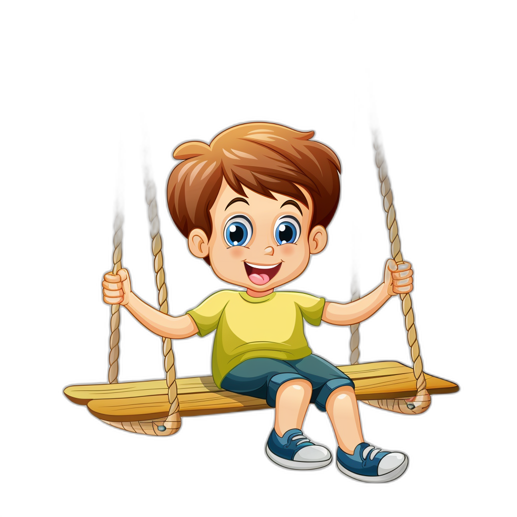 a cute happy cartoon boy sitting on the wooden swing, vector illustration with black background