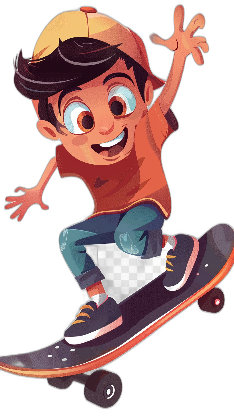 cartoon illustration of happy boy on skateboard, cartoon character design, clip art sticker style with black background and transparent png in the middle