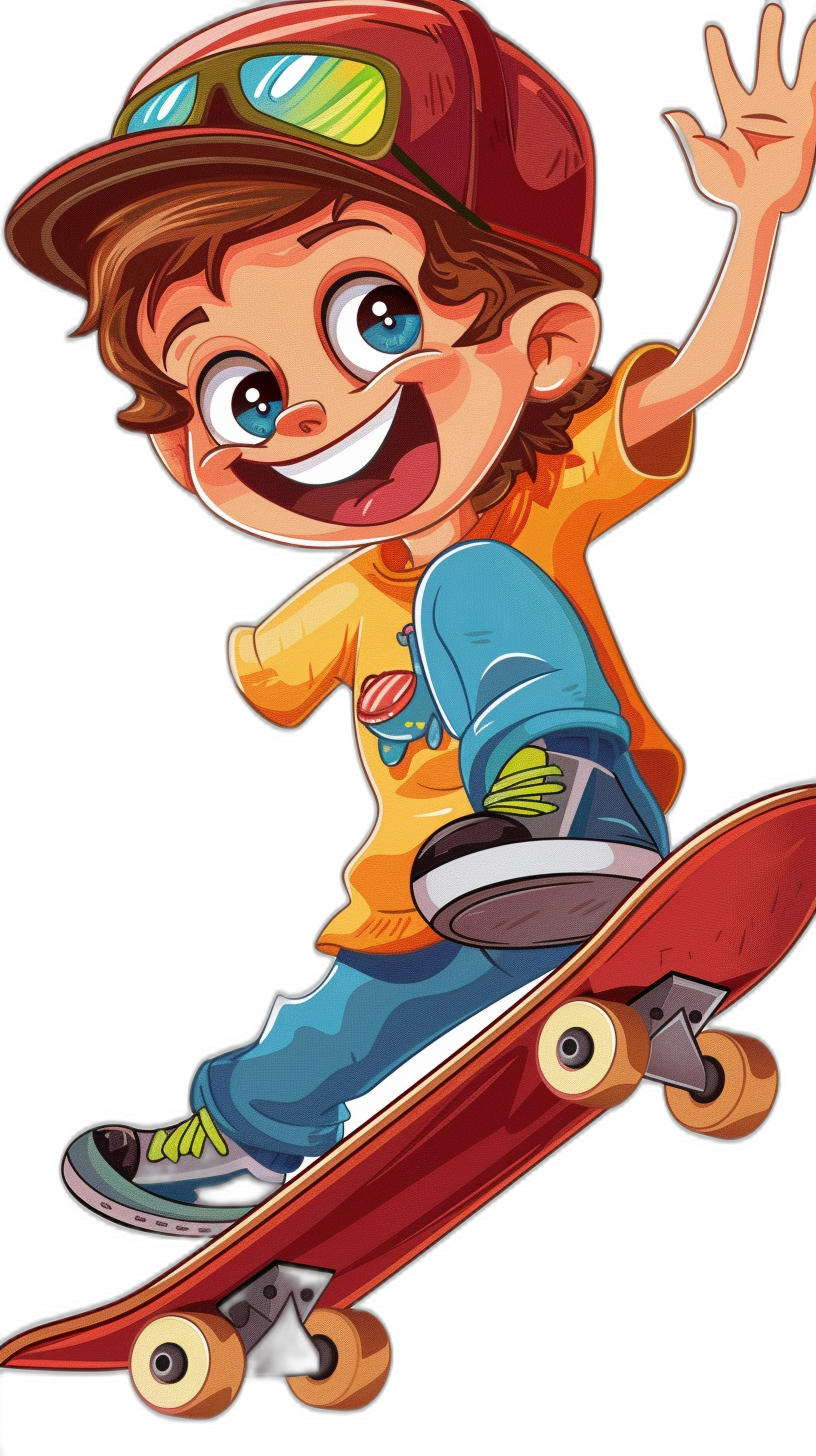 A cartoon boy with brown hair, blue eyes and a red cap is riding on his skateboard smiling in the air against a vector black background in the style of a cartoon.