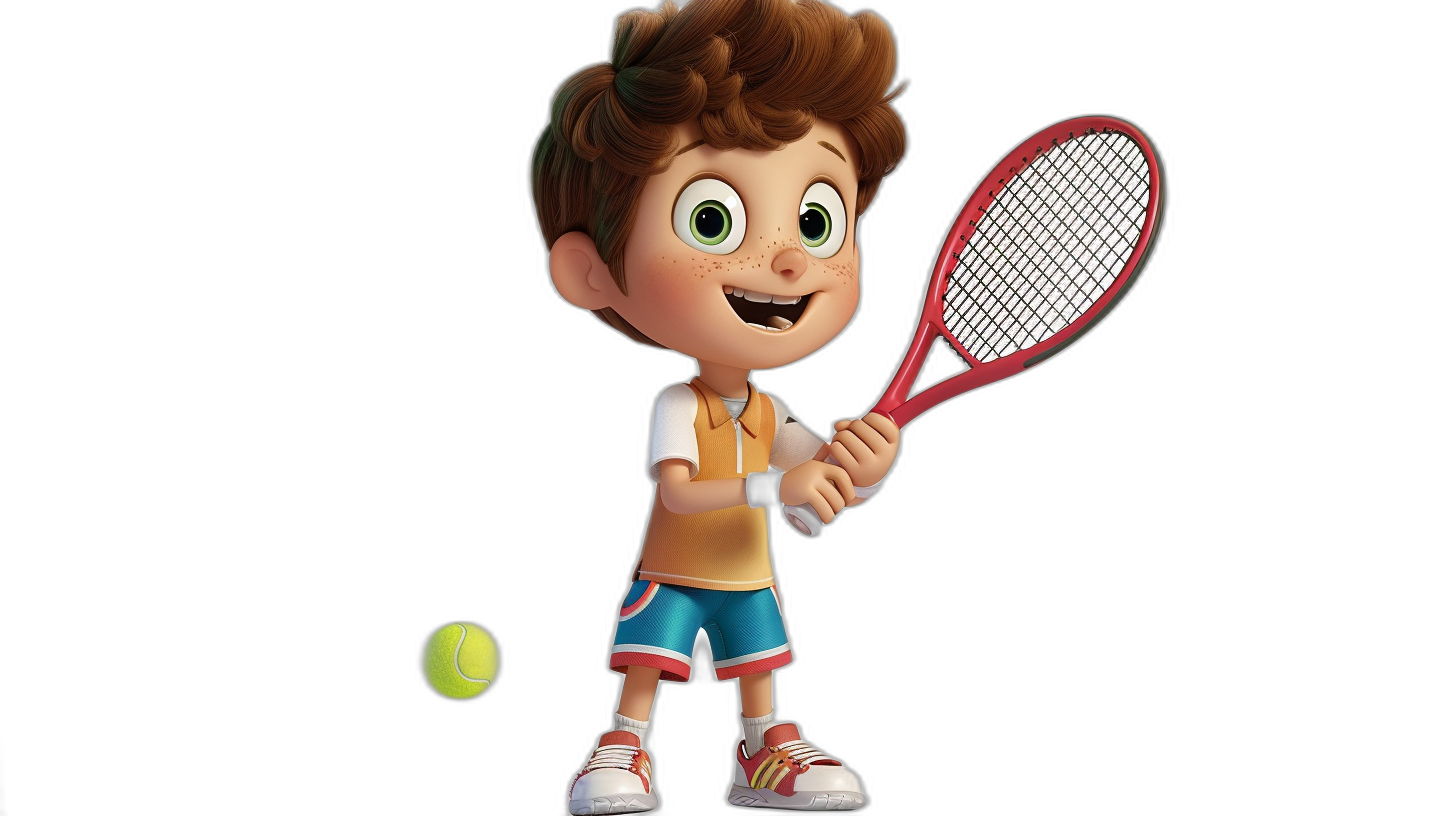 A cute little boy playing tennis in the style of Pixar, in the style of Disney, full body shot, black background, white and red , holding racket with hand to the right of his head, green eyes, happy expression on face, short brown hair, sports shorts, black solid color background, cartoon character design, full body photo, 3D rendering, 2K resolution.