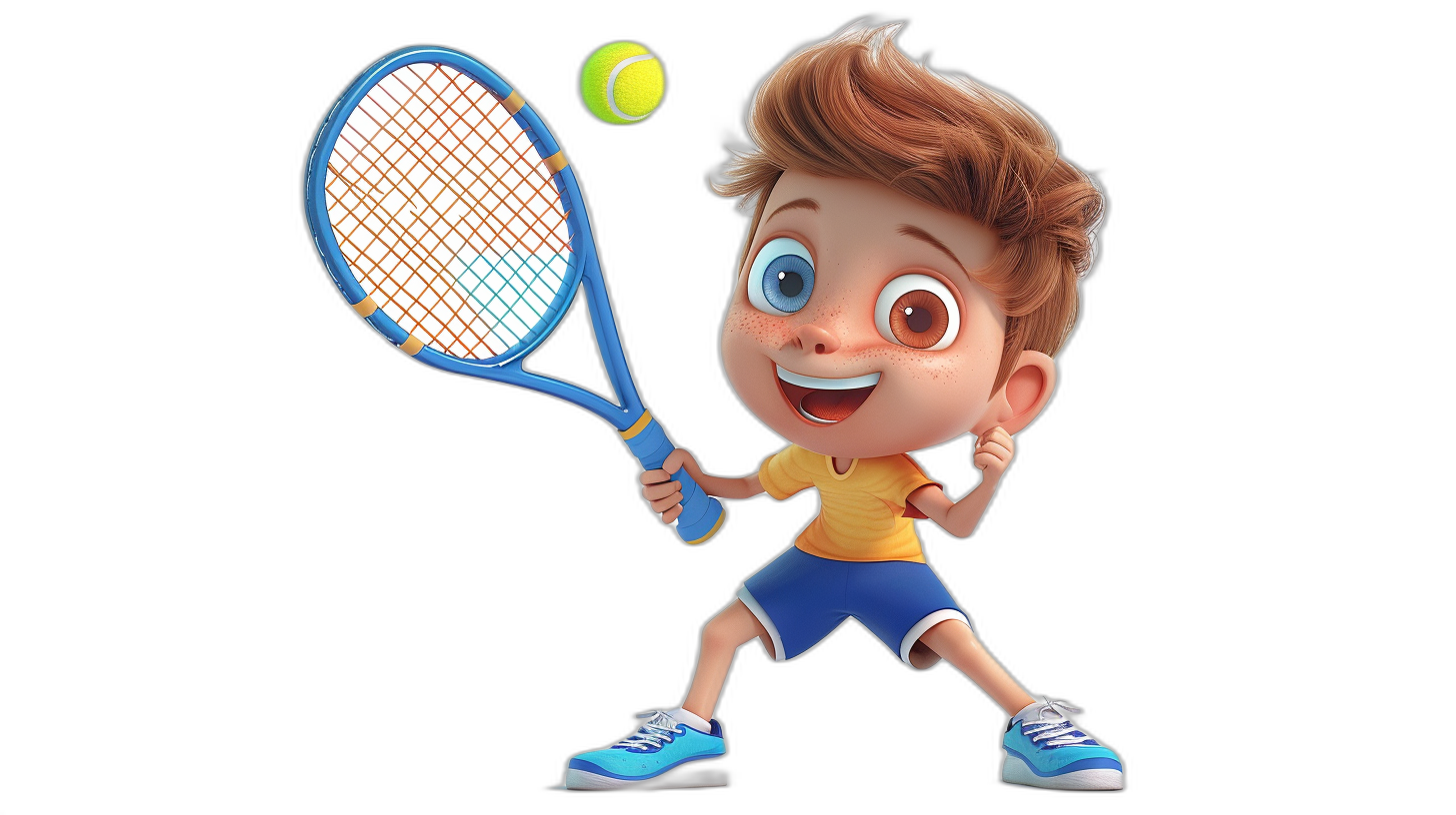 A cute boy playing tennis, holding the racket in his hand and hitting the ball with it, in the style of Disney, full body shot of a cartoon character design, black background, simple background, 3D rendering, cute cartoon design with blue shoes, a yellow tshirt, brown hair, bright colors with high saturation, lively movements.