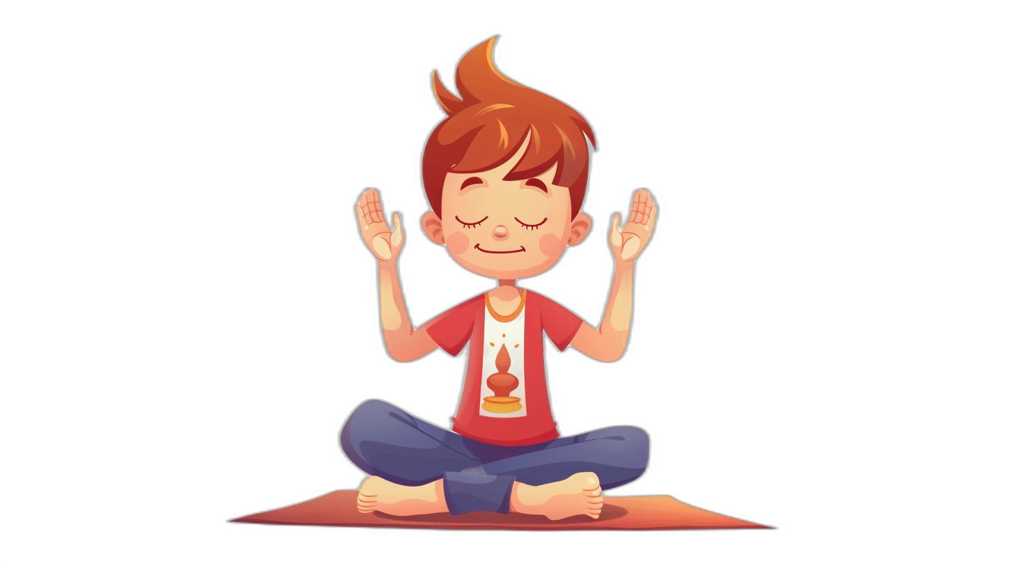 A boy doing yoga in a simple flat vector illustration with a black background showing a front view of his full body. He is shot in a cute style wearing colorful  with his hands up to the sky in a warriorpose position sitting on his knees. He has a smiling face expression with red hair and a white tshirt. He is wearing brown pants in a cartoon character design. A small lamp sits at his feet symbolizing meditation.