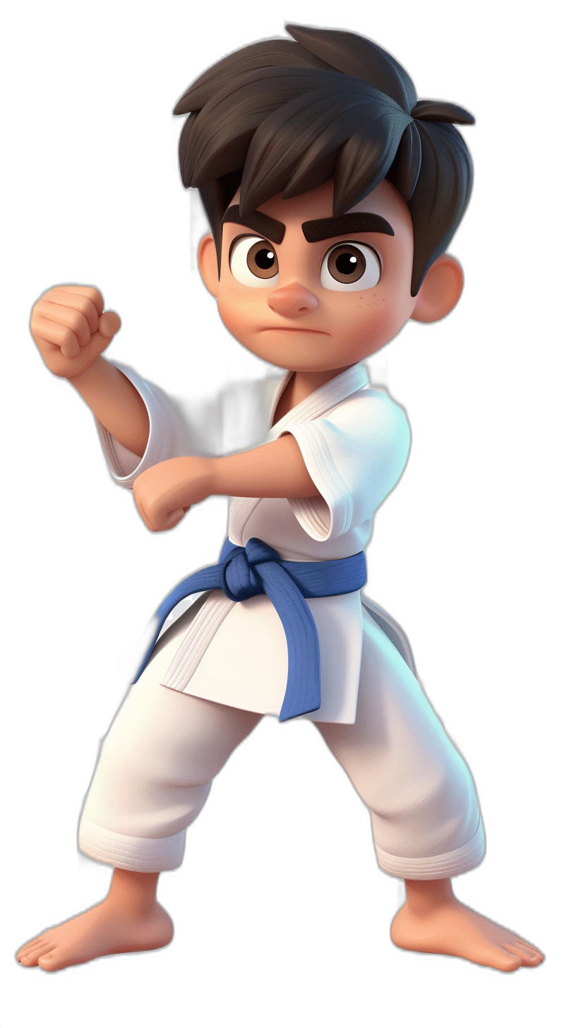 3D character, little boy with dark hair and brown eyes in a white karate outfit doing a forward pose in the style of karate, blue belt, black background, in the style of Pixar cartoon style.