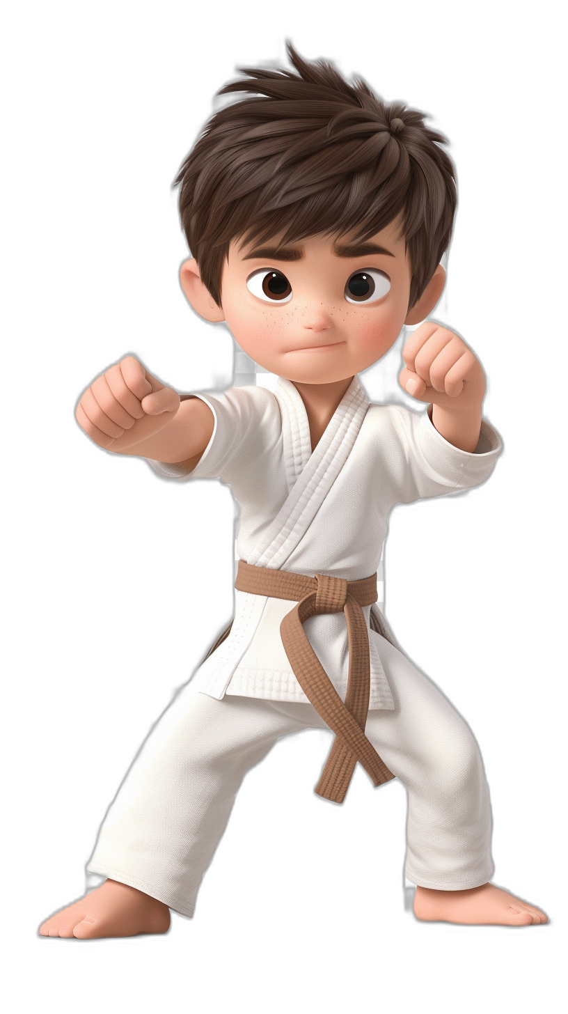 A young boy with brown hair in a white karate outfit is doing martial arts poses. He has large eyes and is wearing a black belt around his waist. The background of the illustration should be plain black to highlight him against it. The style of the illustration is similar to Pixar cartoon art.