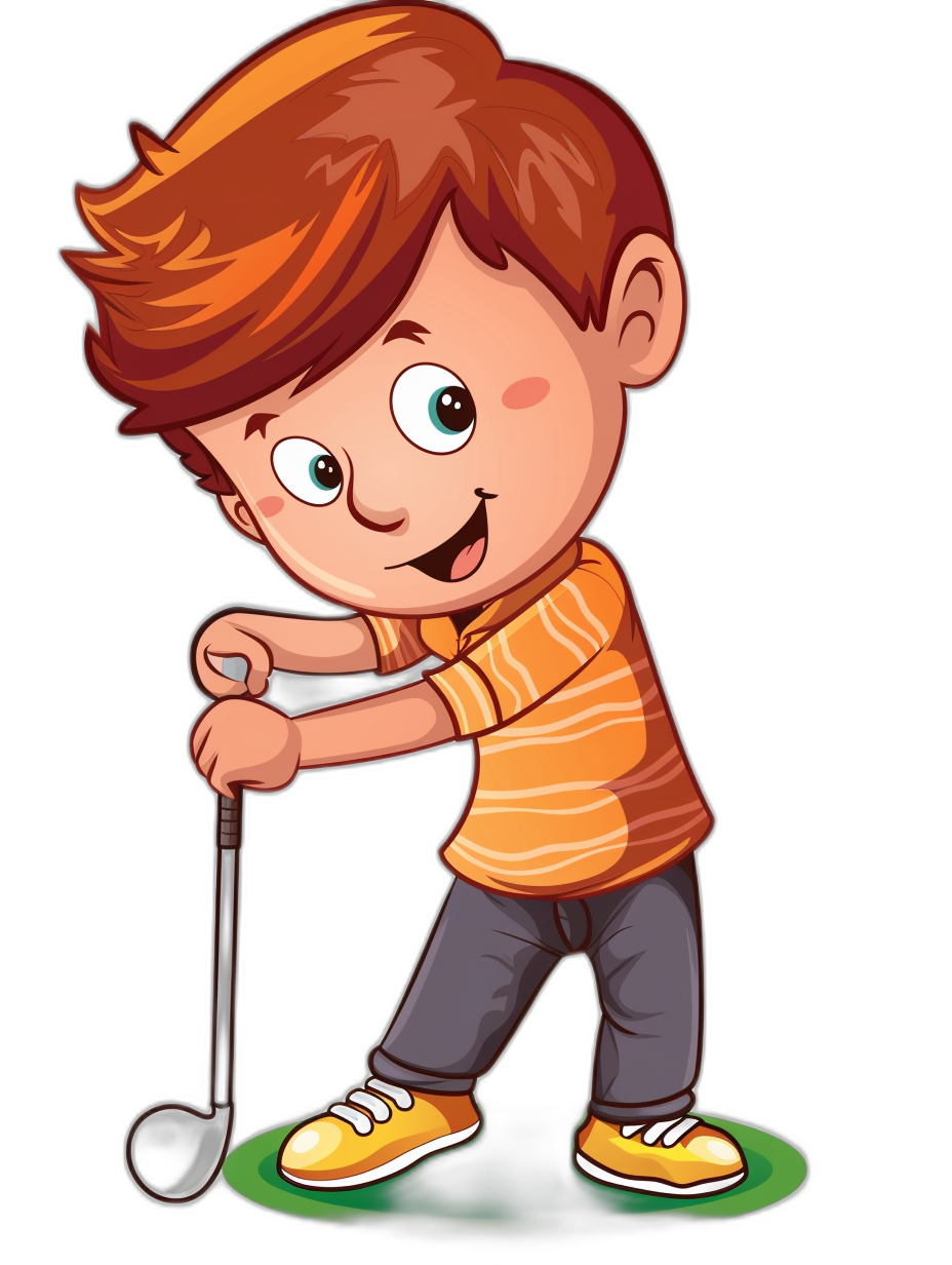 A cute cartoon boy playing golf in the style of clip art, in the style of isolated on a black background.