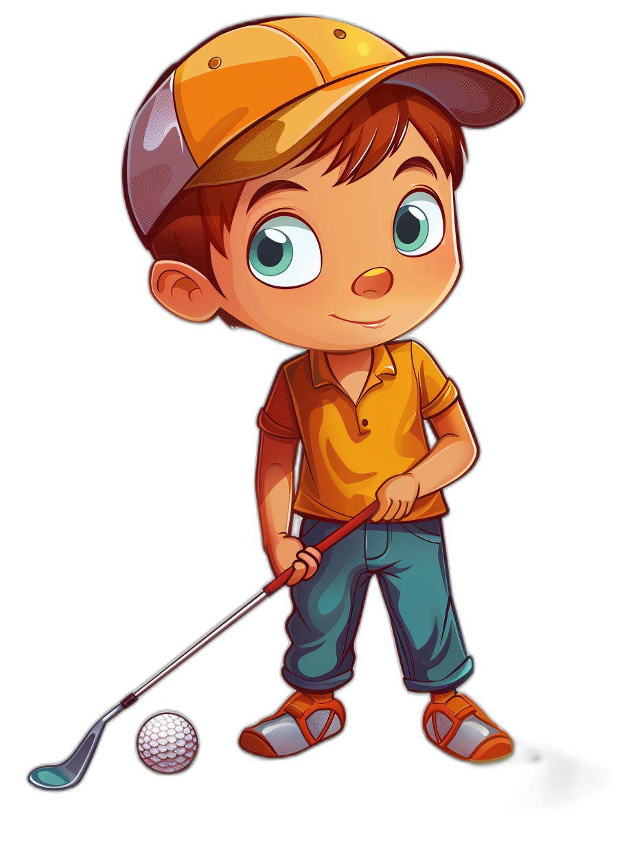 a cute cartoon boy playing golf, clip art style, isolated on black background