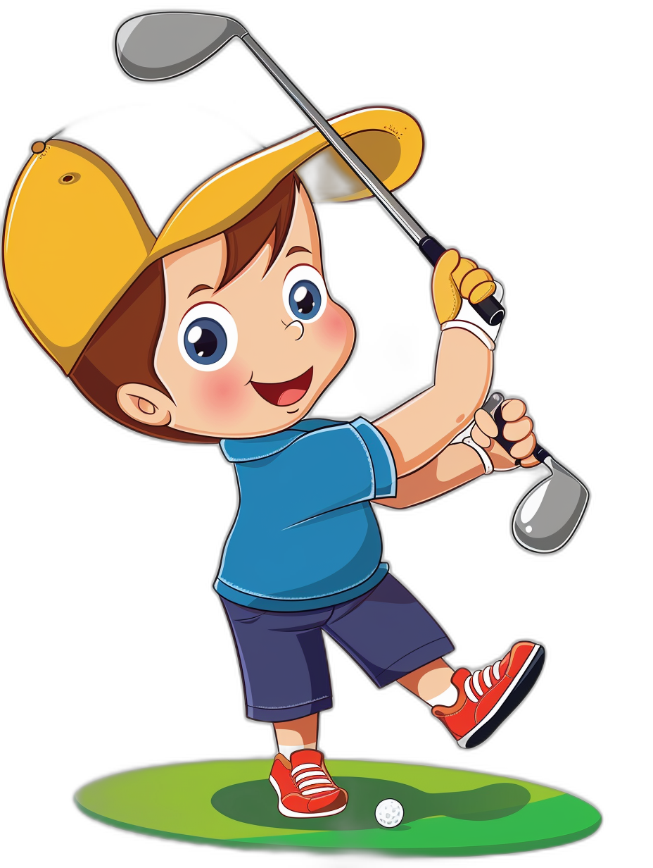 A cartoon vector illustration of a cute little boy playing golf, with a blue shirt and yellow cap, against a black background clipart. The illustration is in the style of a vector cartoon.