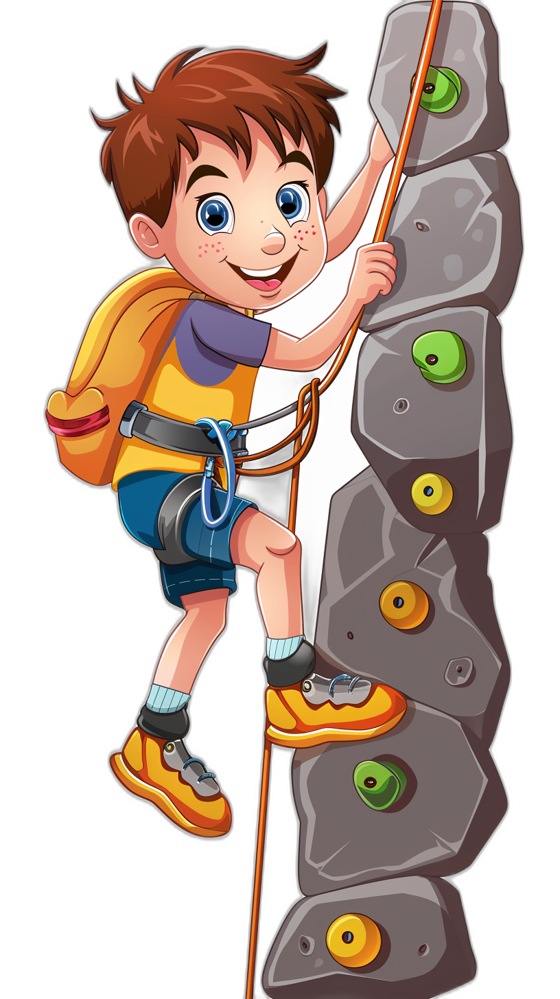 cartoon vector style, a young boy climbing a rock wall with a yellow backpack and orange shoes on a black background, clip art sticker design in the style of cartoon drawing, cute adorable, colorful, vector illustration, full body shot, wide angle, colorful, highly detailed, high resolution, high quality, high sharpness, high detail, hyper realistic, hyper detailed, hyper colored