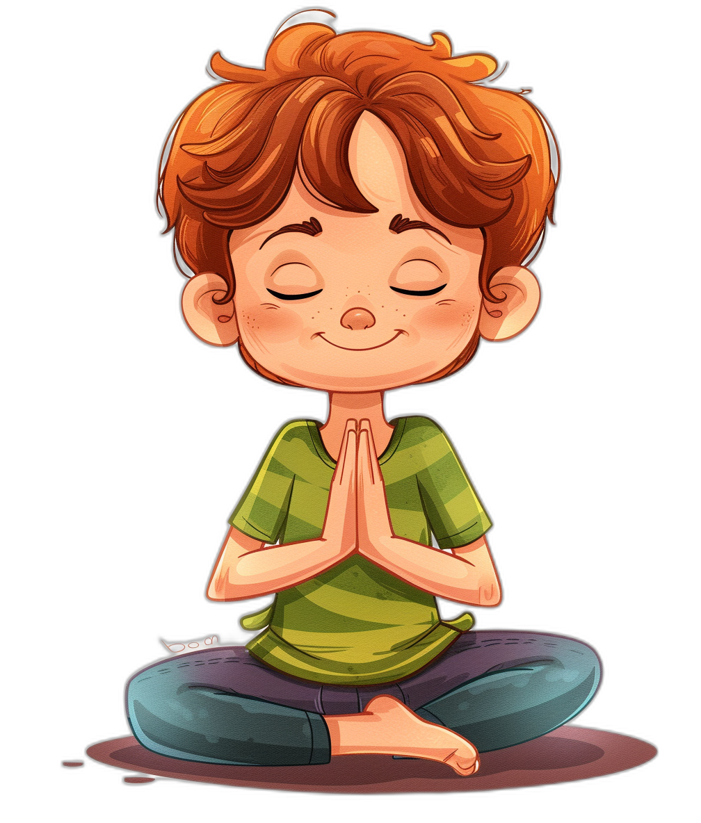 cartoon style of a happy boy with red hair doing yoga, sitting on the floor in a lotus position with his hands together in prayer in the style of god against an isolated black background