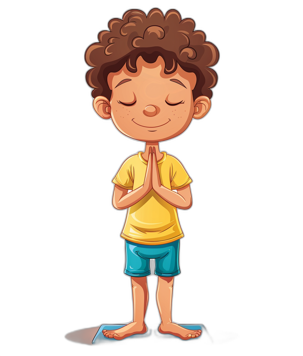 A cute cartoon illustration of an adorable little boy with curly brown hair and blue shorts, wearing a yellow t-shirt standing on his feet doing yoga poses. His eyes are closed in deep meditation and his hands are folded in prayer at his chest against a isolated black background. It is a full body portrait in the style of an illustration.