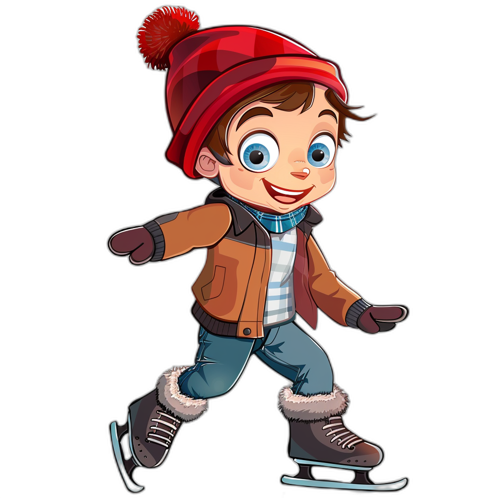 A cute cartoon boy ice skating, wearing a red hat and brown jacket with a blue striped shirt underneath, dark gray jeans and black boots in the style of clip art style isolated on a plain black background, high resolution photo, 8k.