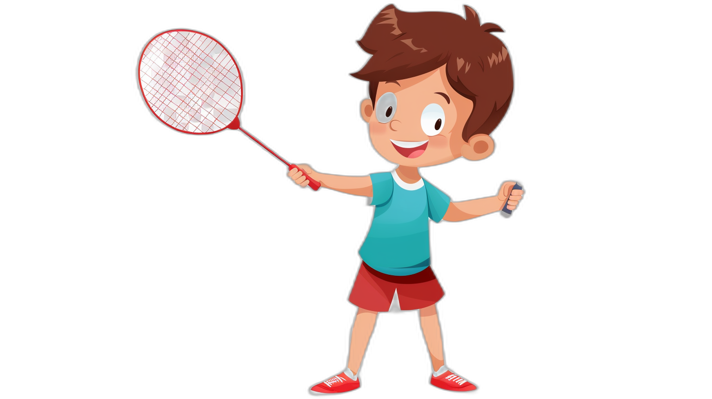 A boy holding a badminton racket, smiling happily with a black background in a cartoon style. The little girl is wearing red shorts and blue short sleeves, holding the white net of the children’s badminton equipment. He has brown hair, fair skin, wears sneakers on his feet, holds out one hand to show off his forward movement while playing badminton. Full body shot in the style of cartoon drawing.