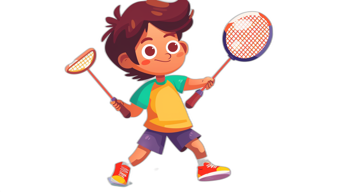 A cute little boy playing badminton, simple flat style illustration in the style of a cartoon character design with bright colors and high saturation, on a black background with a full body shot and natural light, showing a confident smile.