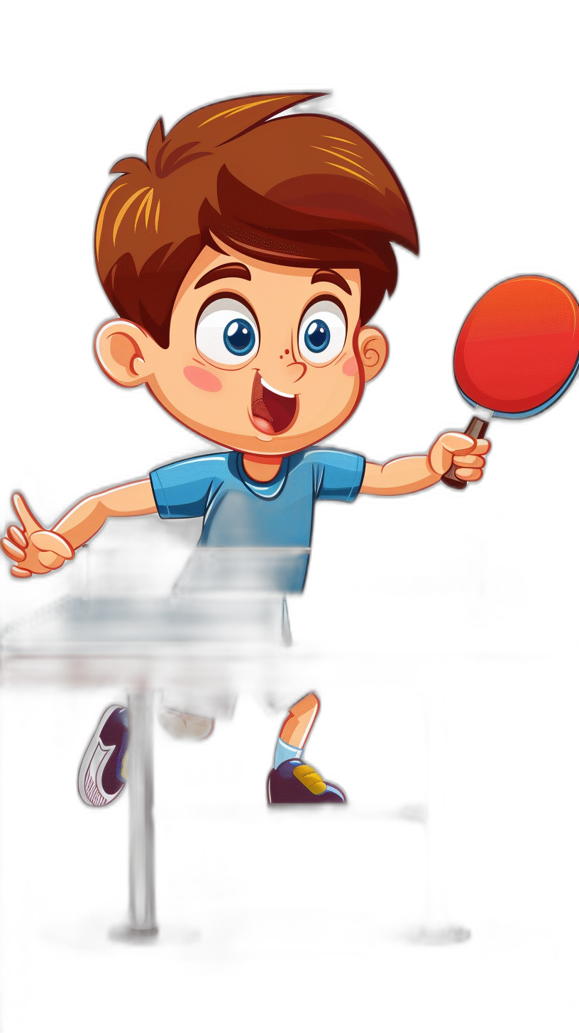 Cartoon style kid playing table tennis, vector illustration for tshirt design, high resolution, no background noise, black color palette, clipart on white, cute cartoon boy with brown hair and blue eyes holding red paddle about to hit the ball over the net at dark room with light from above