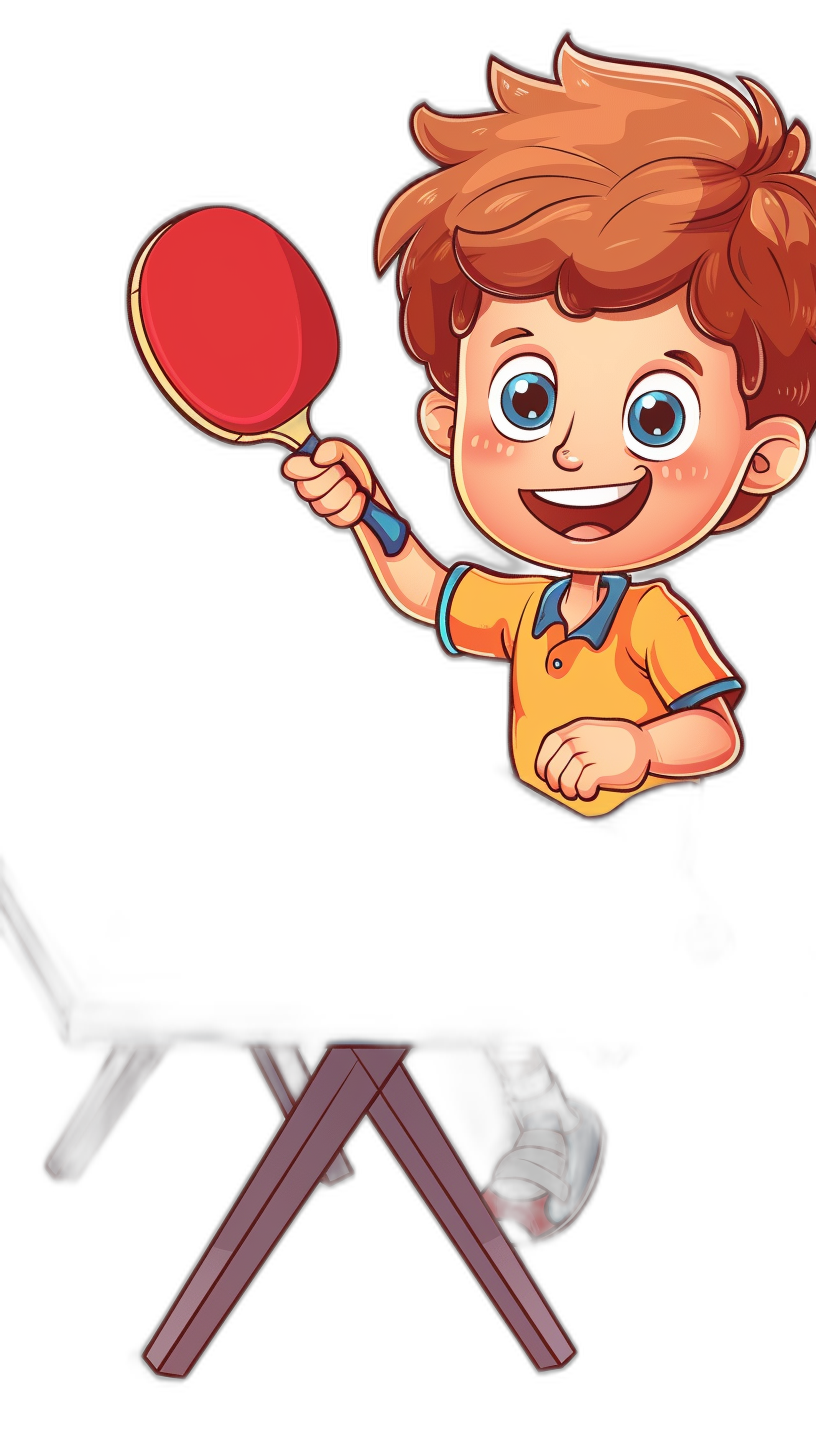 A cartoon style boy playing table tennis, holding the red ball and racket in his hand, jumping up on top of an iron folding chair with a black background. The little girl has blue eyes, brown hair, wearing a yellow short-sleeved shirt, smiling happily, and is depicted in the style of vector graphics.