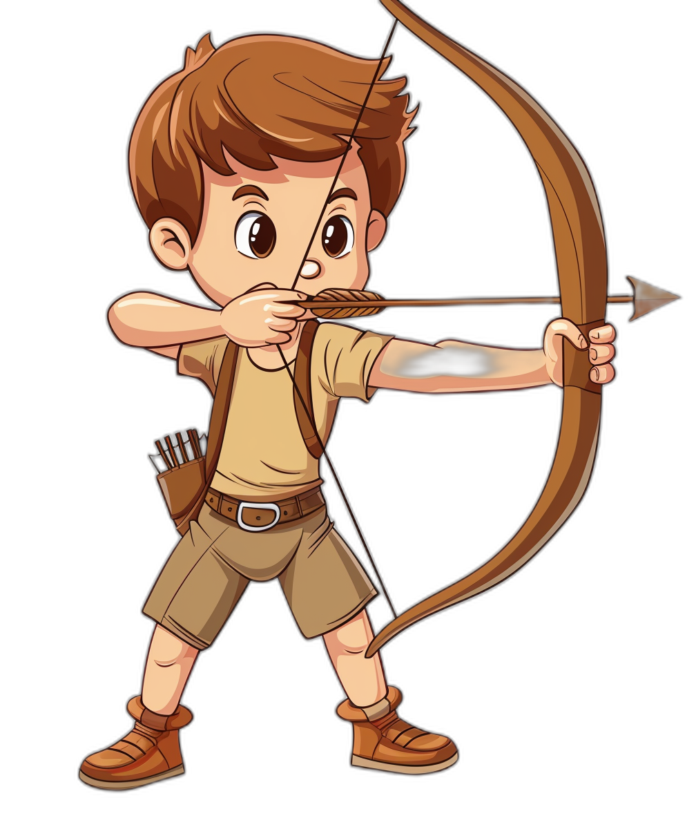 a cartoon character of an archer boy, brown hair and wearing beige shirt with shorts, shooting bow on black background, vector art, clipart, illustration, white outline pasted from one side to another