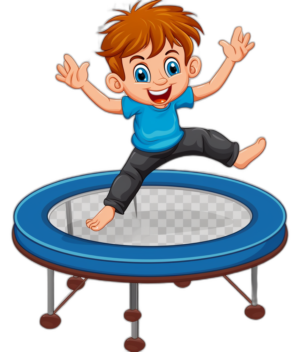 A cartoon boy is jumping on the trampoline, happy expression, simple vector illustration with black background