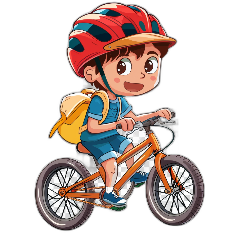 tshirt design, Cool Asian boy riding an bicycle. Delve into the world of bicycles with vector illustration cartoon style character on bicycle helmet and blue shorts wearing red race jersey. A yellow backpack is attached to his back, full body shot isolated on a black background.