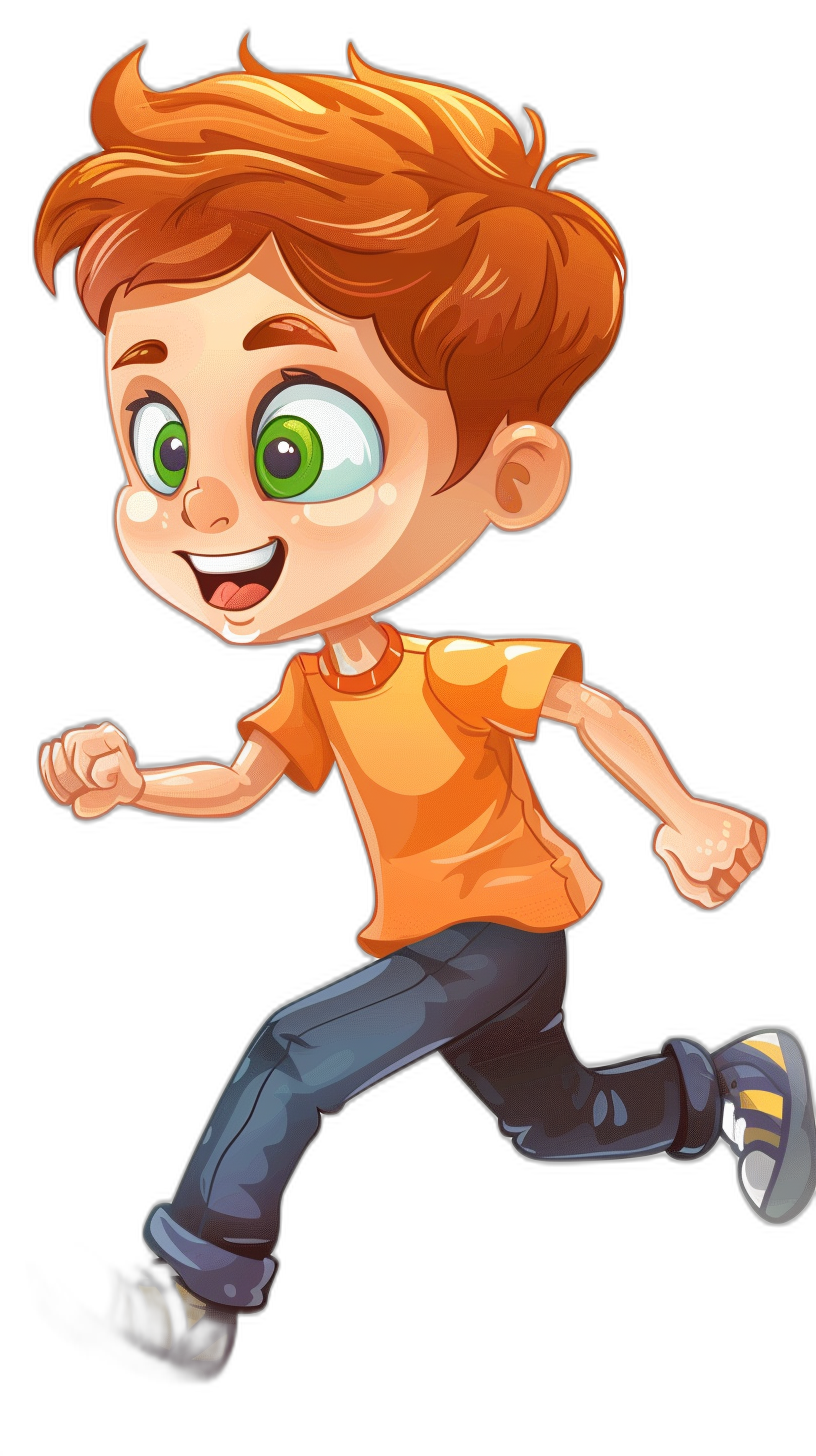 a cartoon illustration of an happy young boy with ginger hair and green eyes, wearing orange tshirt dark blue jeans white shoes running on black background, clip art style