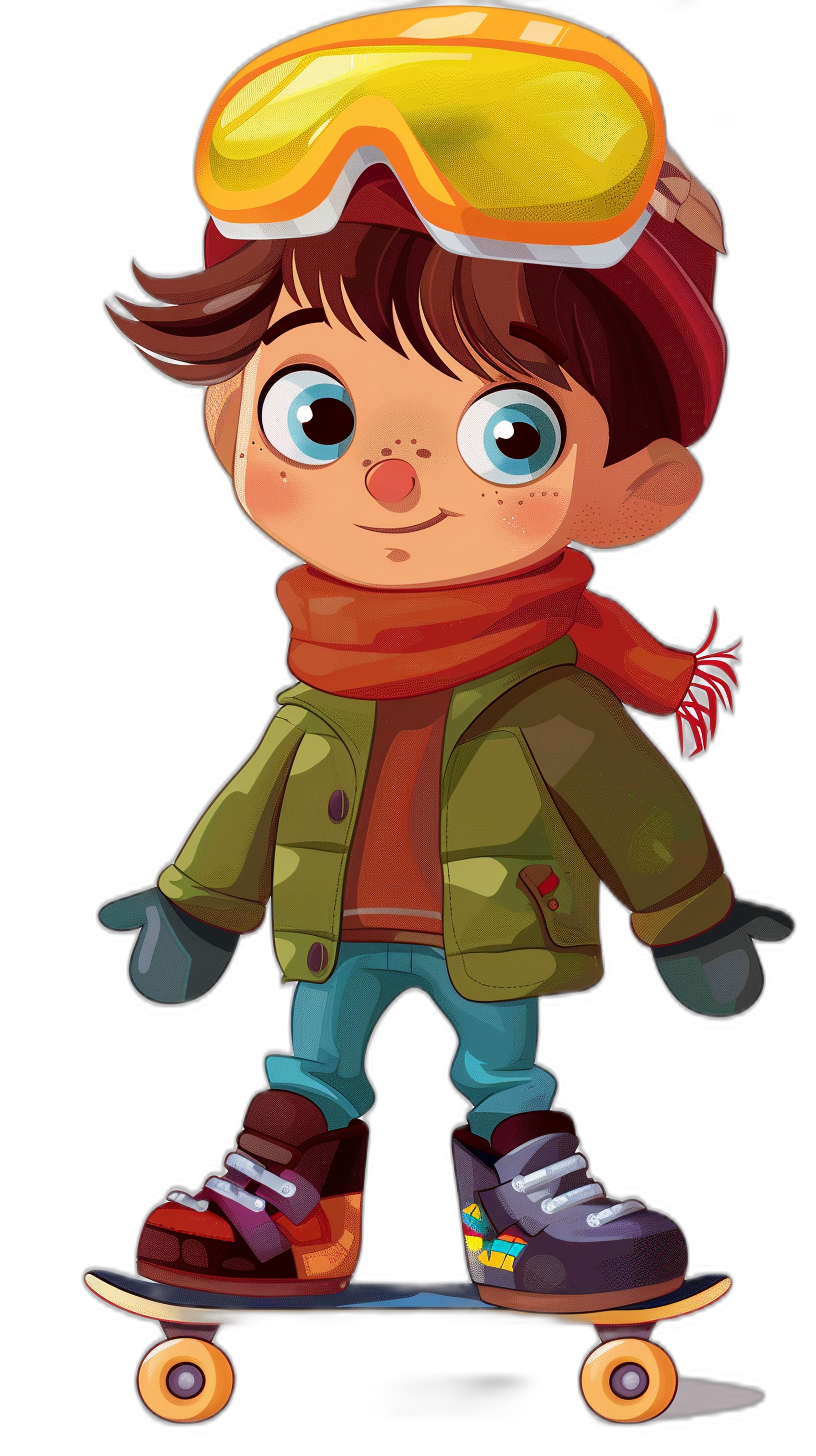 A cute boy with big eyes, wearing winter snowboard goggles on his head is standing next to a skateboard against a black background, in the cartoon style with colorful, Disney Pixar animation style. The little girl has short brown hair, blue pants, red shoes, and a green jacket with a yellow scarf around her neck in simple details with bright colors in a full body portrait with high definition resolution.