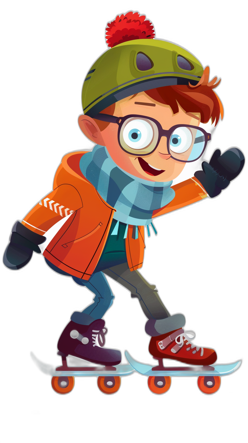 A boy wearing glasses, with short brown hair and blue eyes is roller skating in the style of a flat vector cartoon illustration on a black background, wearing an orange jacket, a light green beanie, dark red shoes, and a scarf. The character design is colorful with colorful animation stills at a high resolution. The cartoonlike characters have colorful costumes and are in expressive poses.