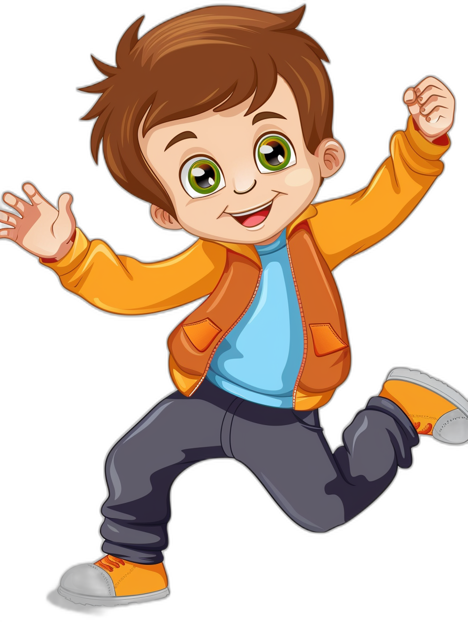 A cute cartoon boy, jumping pose with black background, brown hair and green eyes wearing orange jacket blue tshirt grey jeans white shoes, clip art style isolated on black backround