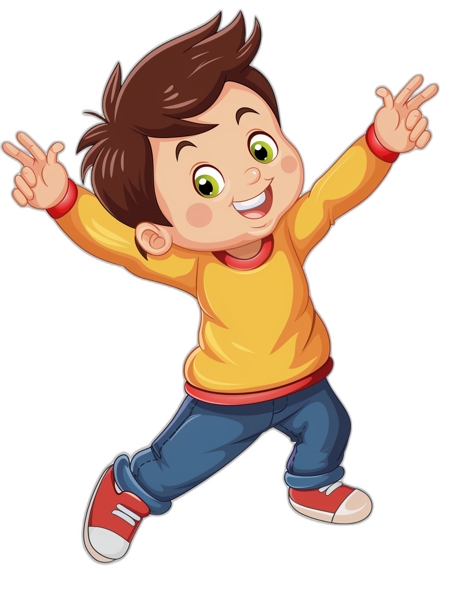 A cute cartoon boy with a happy expression, big eyes and open arms jumping up happily. He is wearing a yellow long-sleeved T-shirt, red shoes and jeans against a black background in the style of a cartoon.