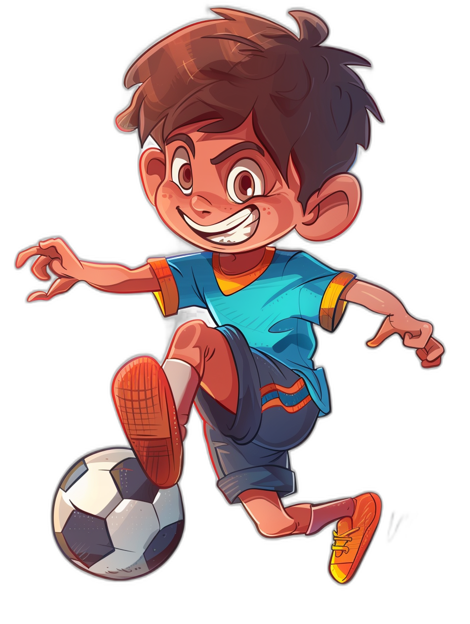 A cute cartoon boy is playing football, smiling as he kicks the ball with his foot against a black background. The illustration is in a flat style with bright vector graphics showing a full body portrait. He wears a blue t-shirt, shorts and dark red shoes with big eyes and a happy expression, along with black hair.