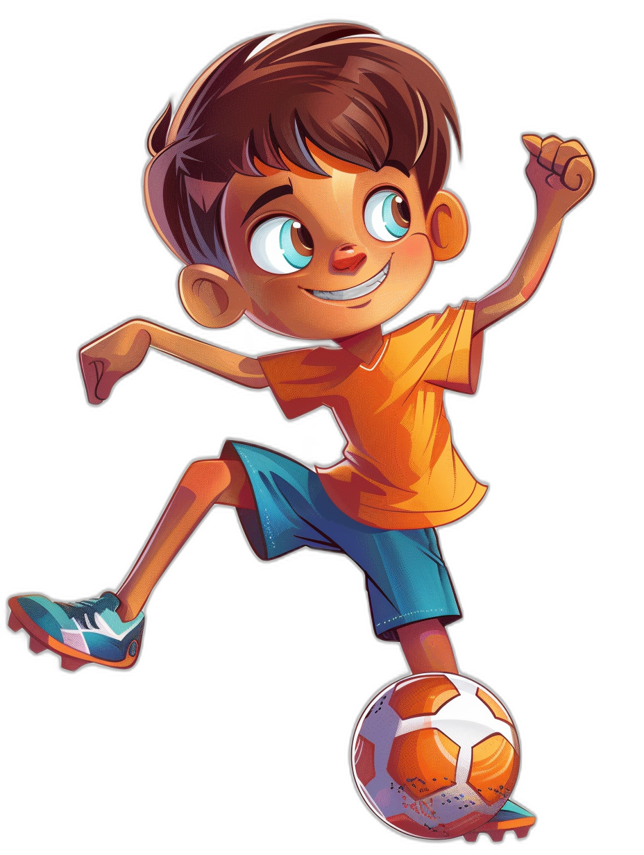 A cartoon boy playing football is smiling while kicking the ball. He is wearing an orange t-shirt and blue shorts with white shoes on his feet. He has brown hair and big eyes, rendered in bright colors against a black background. The illustration style should be vibrant and playful, suitable for children’s book illustrations or casual game art, in the style of realistic.