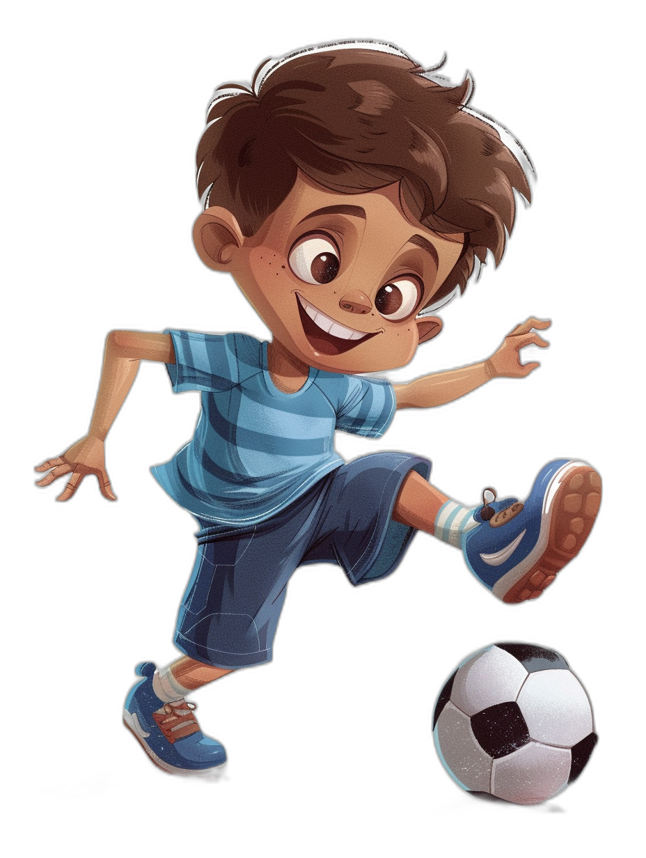 cartoon character of a happy boy playing soccer, with a blue and dark grey striped shirt, short brown hair, against a black background, wearing blue shoes, in the style of cartoon.